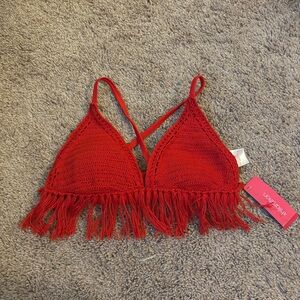 Red Crochet Fringe Bikini Top